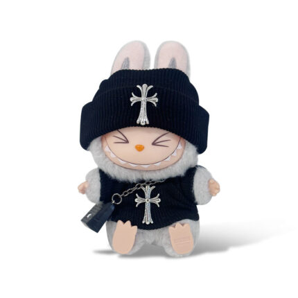 POP MART The Monsters Labubu Fashion Dress - Chrome Hearts Style Black overalls + Black hat + Black Bag
